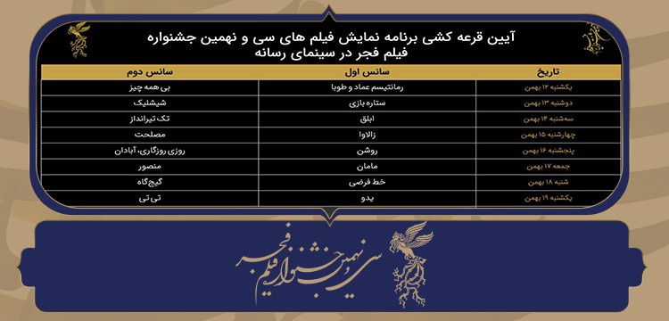 جدول نمایش آثار بخش سودای سیمرغ سی و نهمین جشنواره فیلم فجر در سینمای رسانه